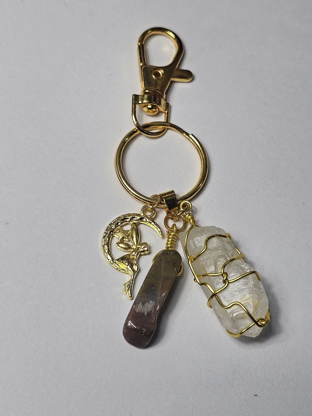 Gold-Tone Crystal Charm Keychain with Moon Pendant - Clear & Brown Crystals
